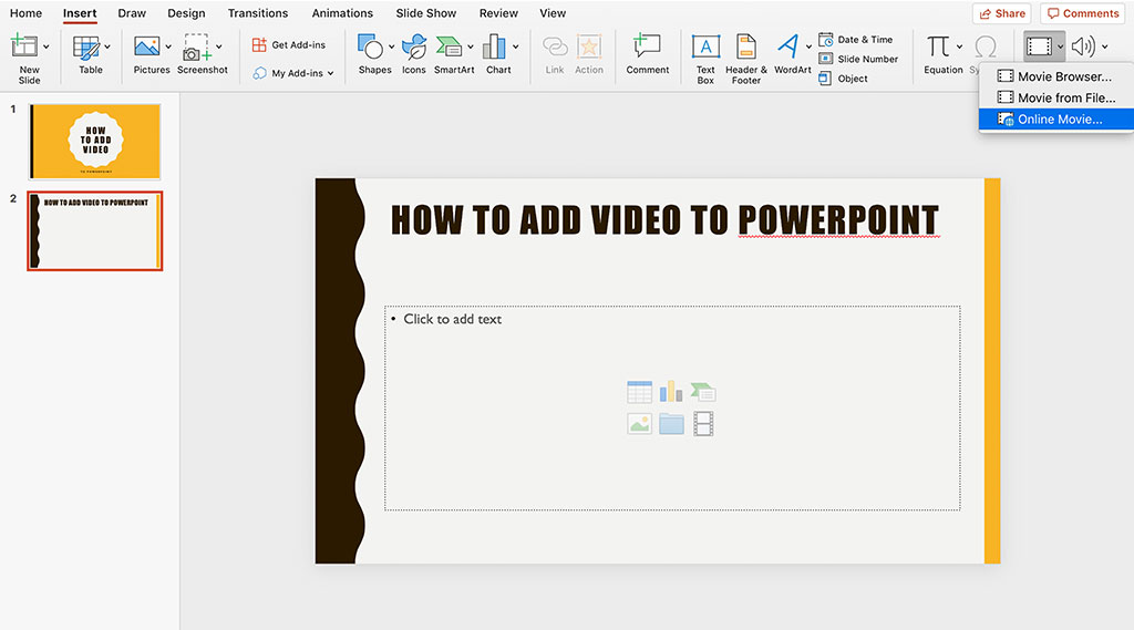 Screenshot of how to add a video to Office 365 PowerPoint