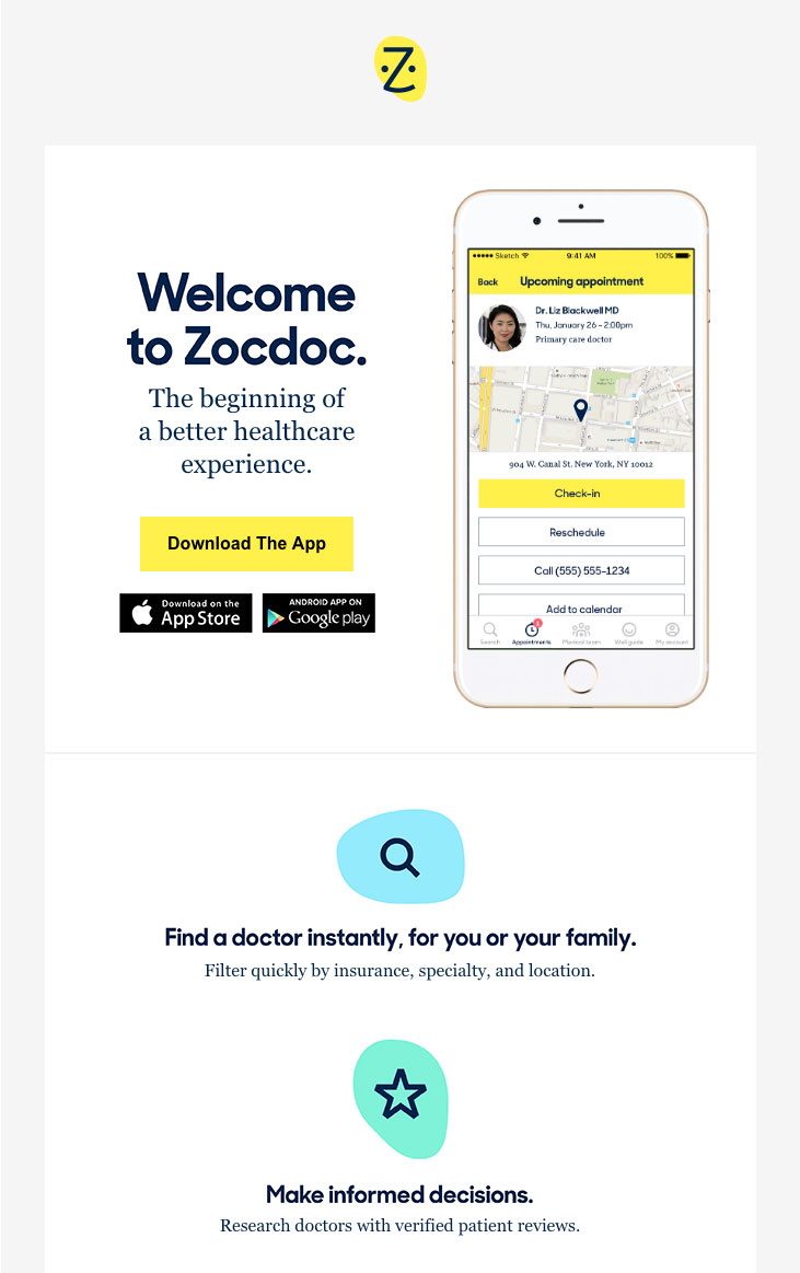 Zocdoc welcome email 
