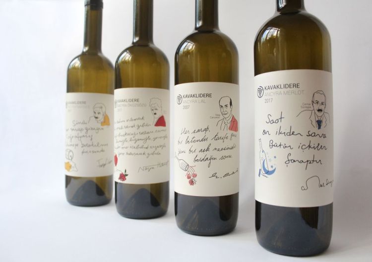 Four wine bottles in a row with labels depicting different handdrawn portraits