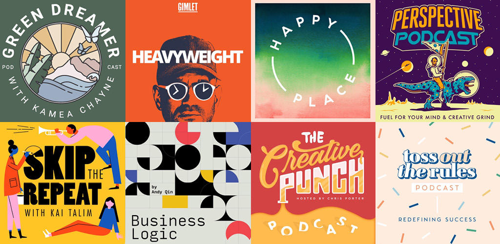Eight examples of podcast cover art