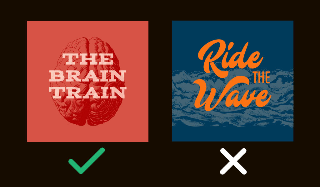 Two podcast examples side-by-side - one in red, the second in blue