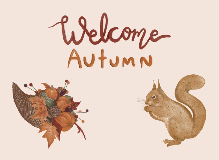 Clip arts including "Welcome Autumn" heading, cornucopia, and a squirrel