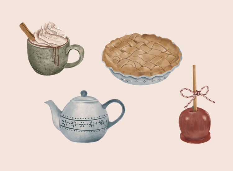 Clip arts including hot chocolate in mug, apple pie, tea pot, and candied apple on a stick