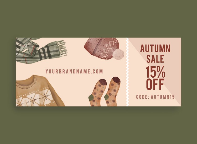 15% off coupon with sweater, socks, scarf, and beanie graphics