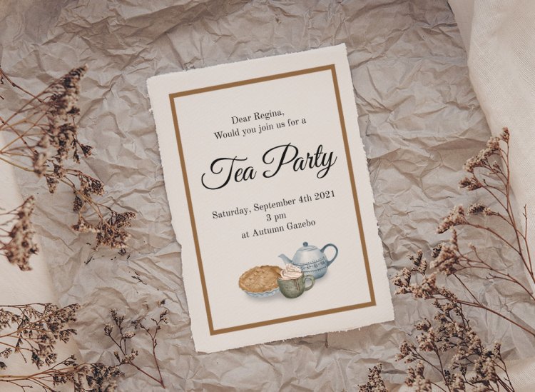 Tea Party invitation on crumpled paper background and dried flowers