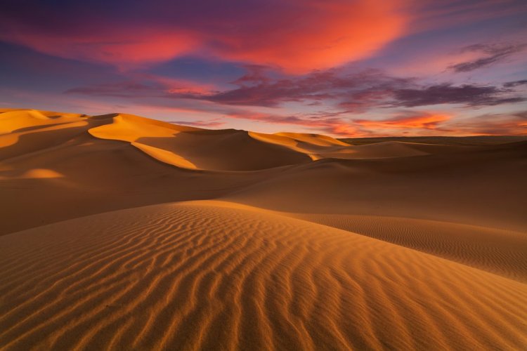 Orange Sand Dunes Against a Pink and Purple Sunset